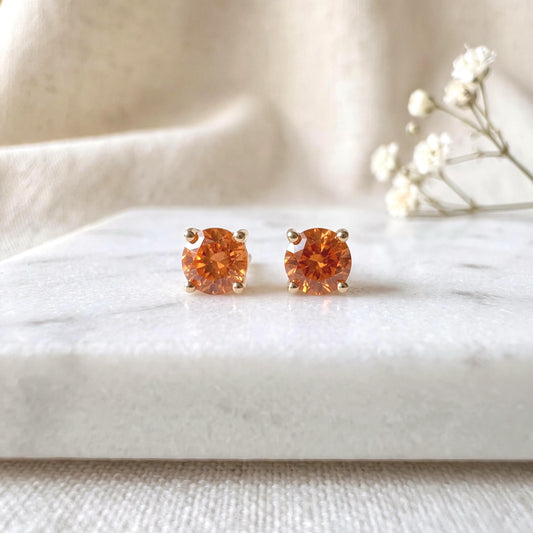 Genuine Orange Sapphire 3 mm Round Cut Solitaire Stud Earrings in 14k Solid Gold