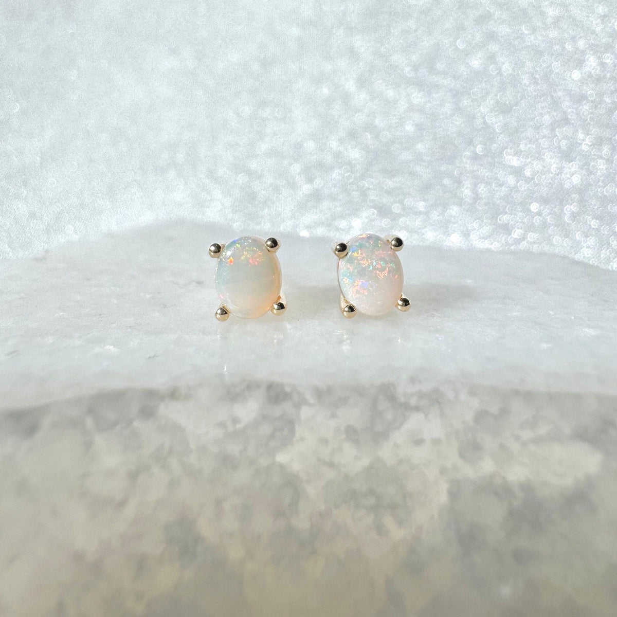 14k Solid Gold Oval Opal Stud Earrings, October Birthstone, Untreated Natural Gemstone