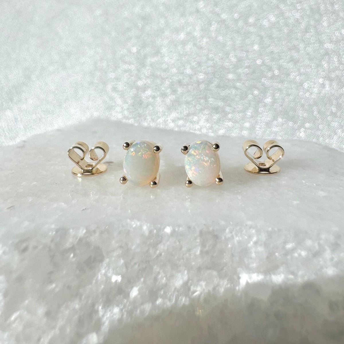 14k Solid Gold Oval Opal Stud Earrings, October Birthstone, Untreated Natural Gemstone