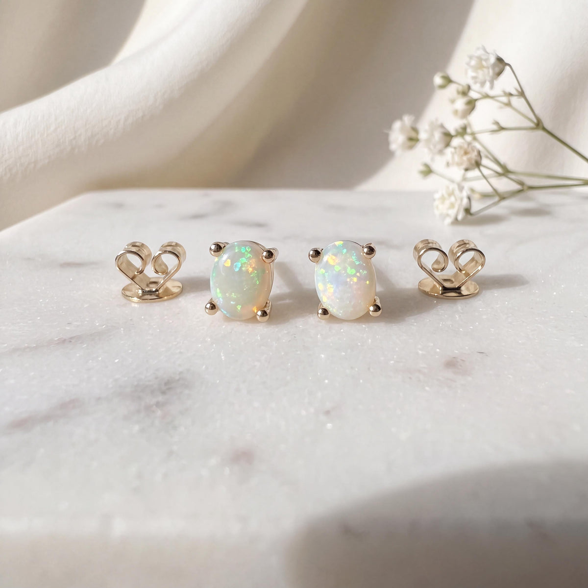 14k Solid Gold Oval Opal Stud Earrings, October Birthstone, Untreated Natural Gemstone