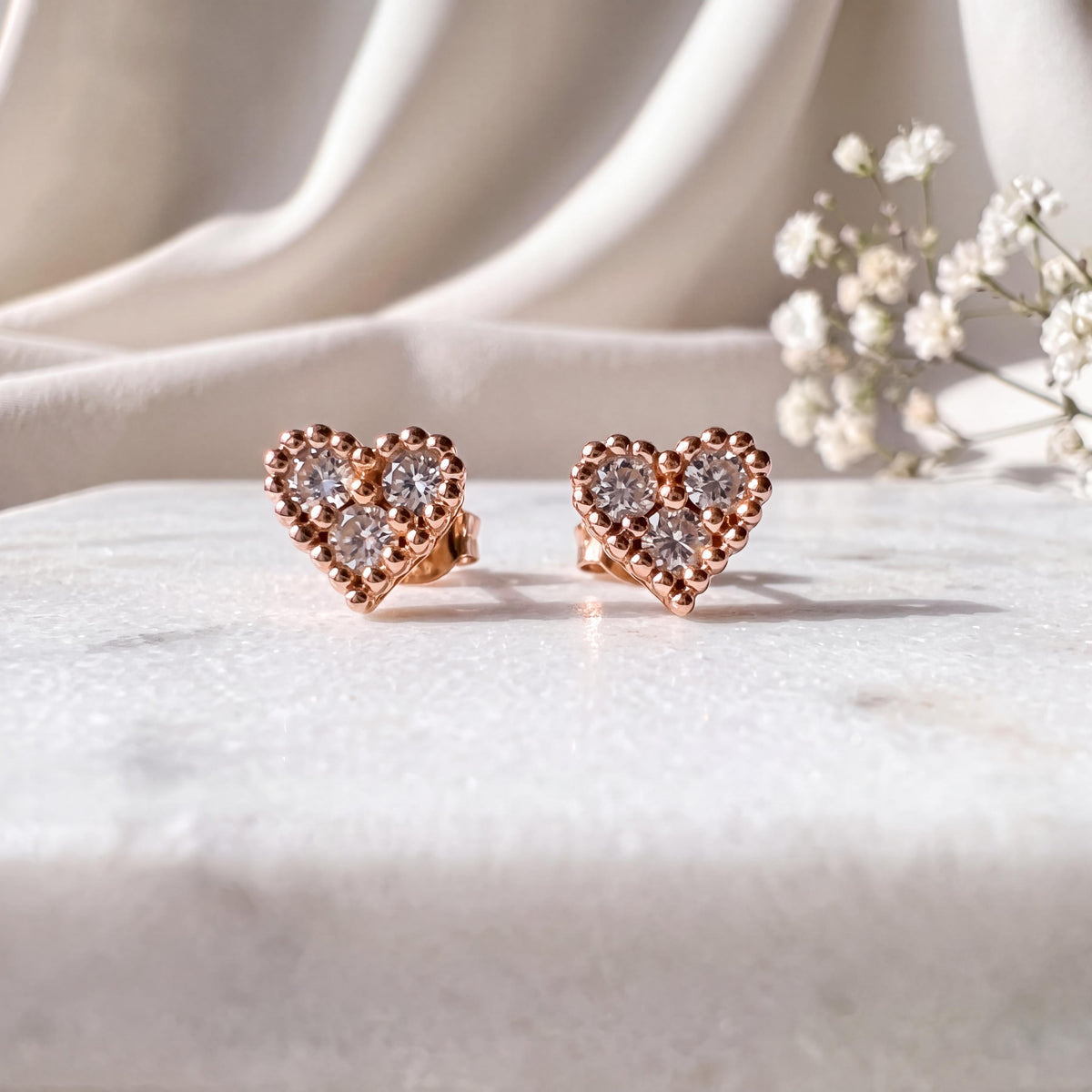 Genuine Diamond Heart Stud Earrings, 18k Yellow or Rose Gold, April Birthstone, Gift for Her