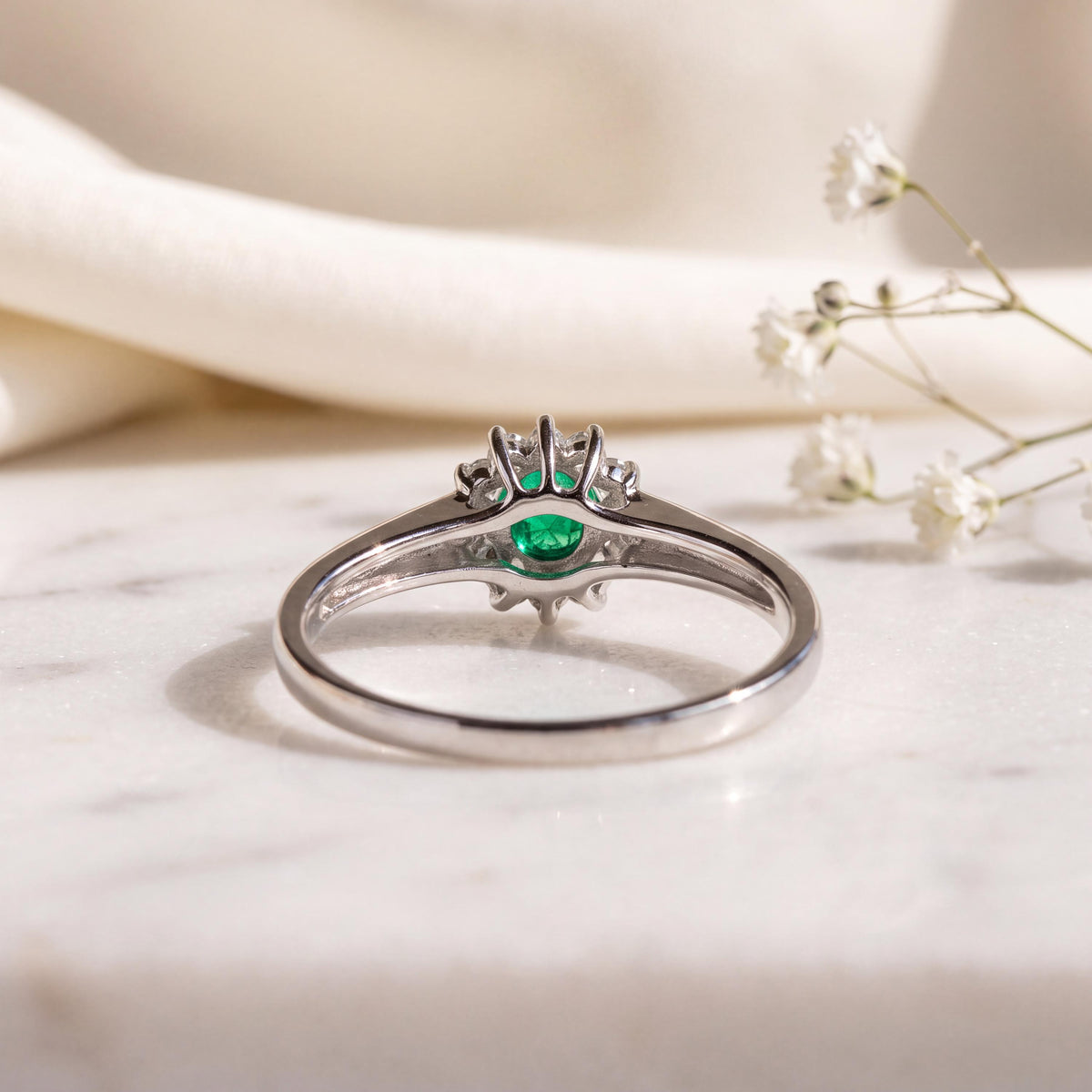 Genuine Emerald and Diamond Oval Halo Ring, 14k Solid White Gold, May Birthstone, Gift for Her