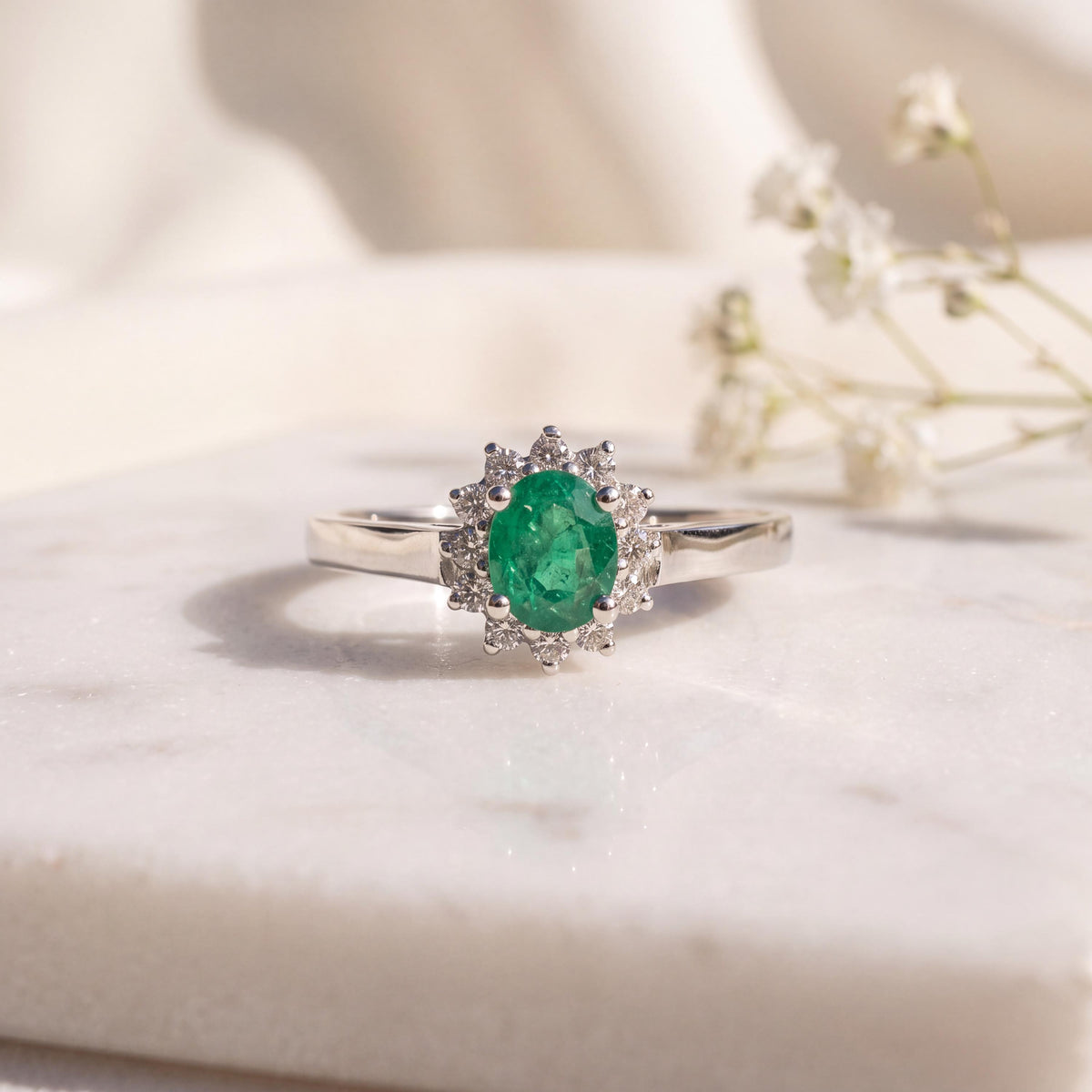 Genuine Emerald and Diamond Oval Halo Ring, 14k Solid White Gold, May Birthstone, Gift for Her