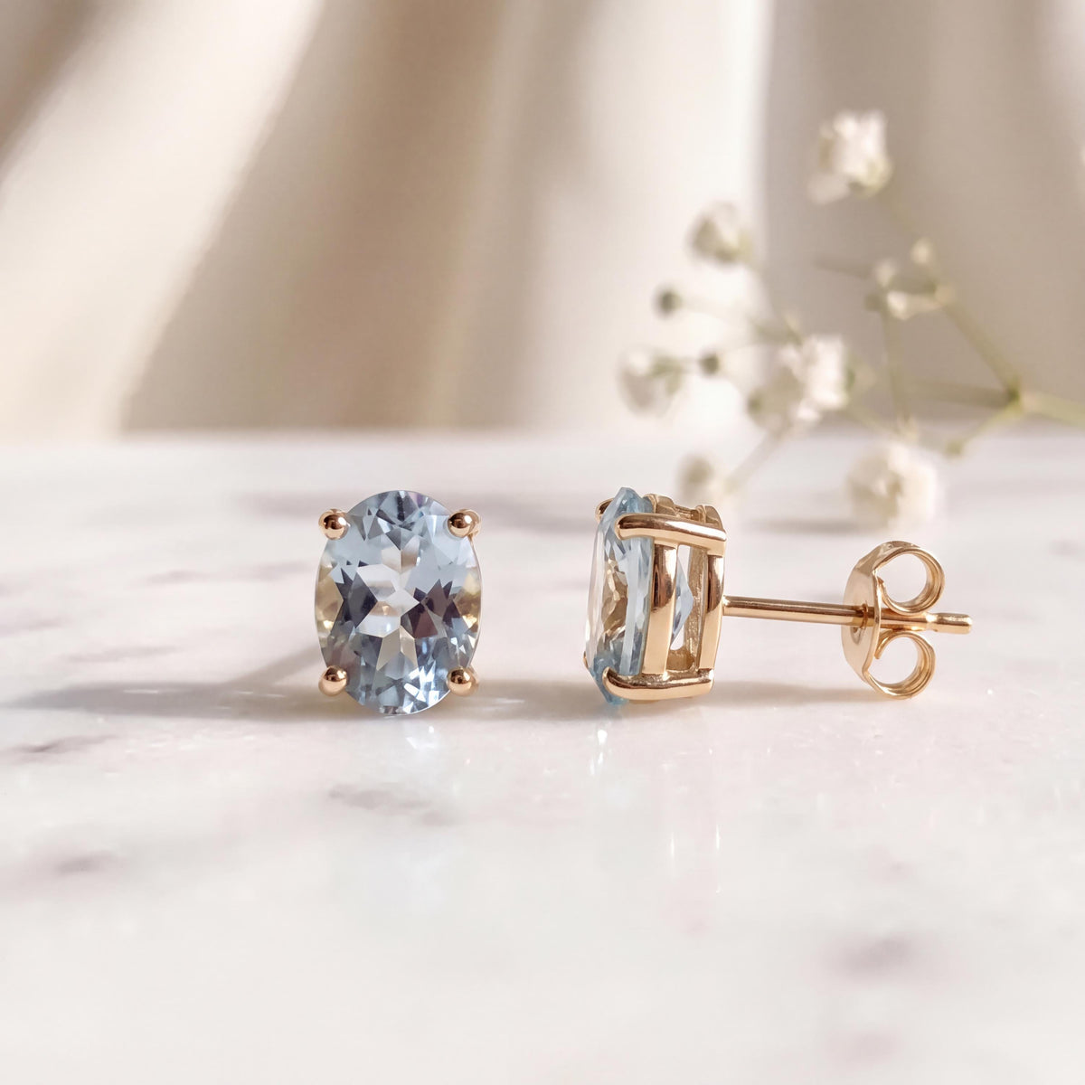 Genuine Aquamarine Oval Cut Mini Stud Earrings, 14k Solid Gold, March Birthstone, Gift for Her
