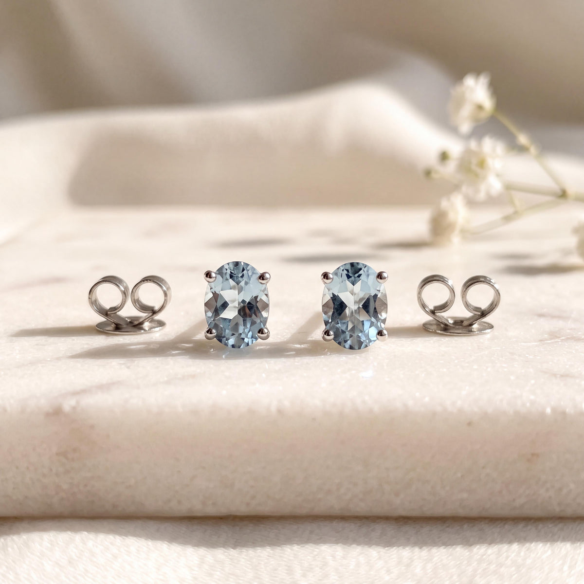 Genuine Aquamarine Oval Cut Mini Stud Earrings, 14k Solid Gold, March Birthstone, Gift for Her