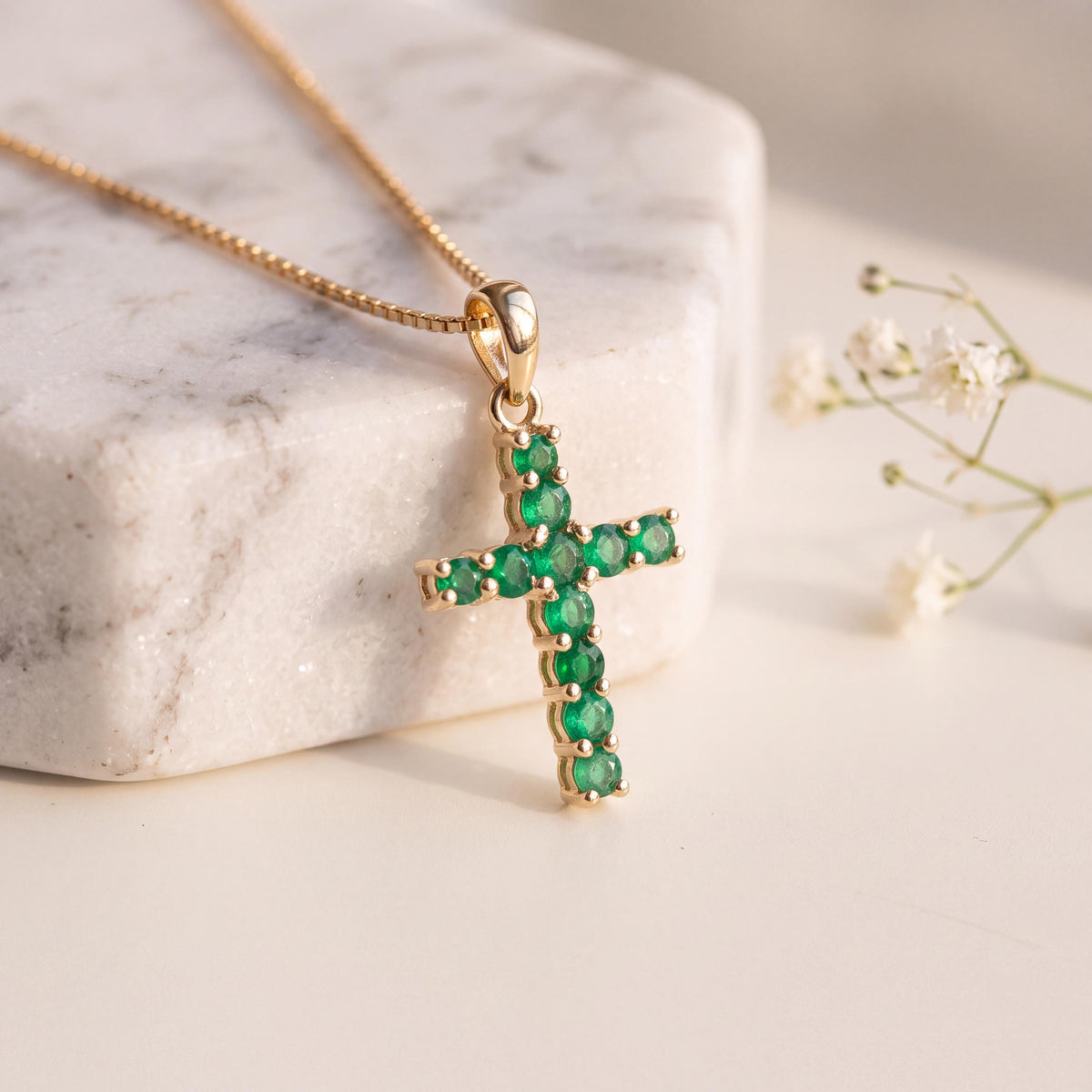 Genuine Emerald Cross Pendant (Medium) | 14k Solid Gold