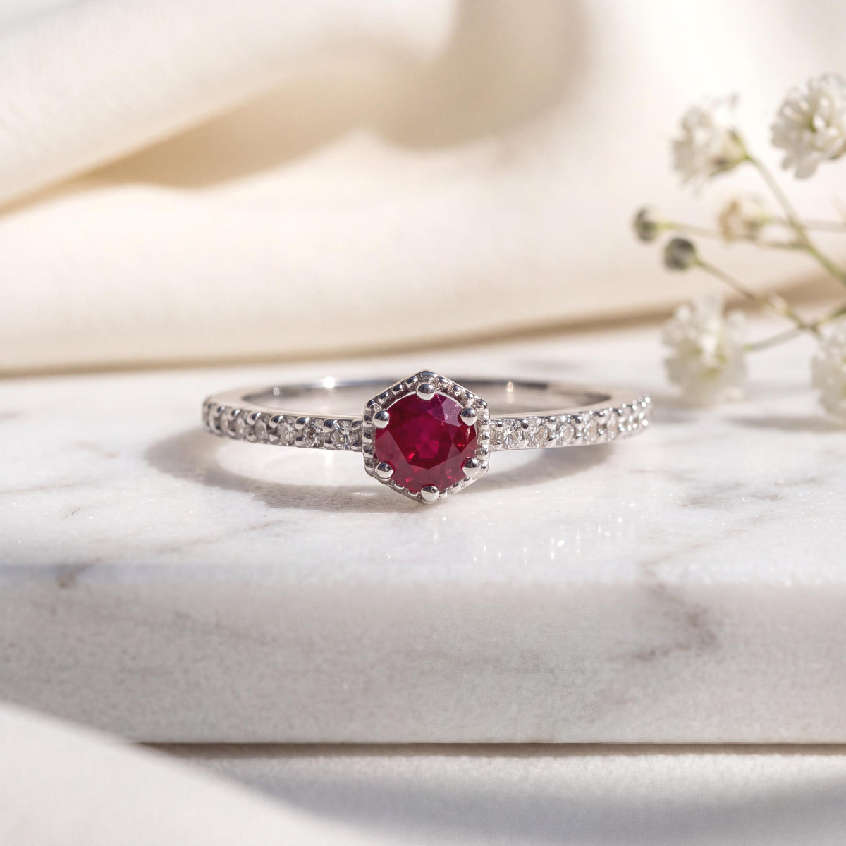 14k Solid White Gold Ruby Diamond Halo Ring, July Birthstone Gift