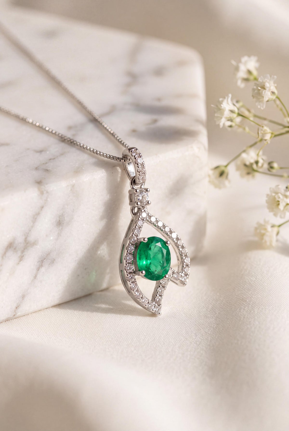 Genuine Emerald and Diamond Oval Cut Leaf Pendant, 18k Solid White Gold, May Birthstone