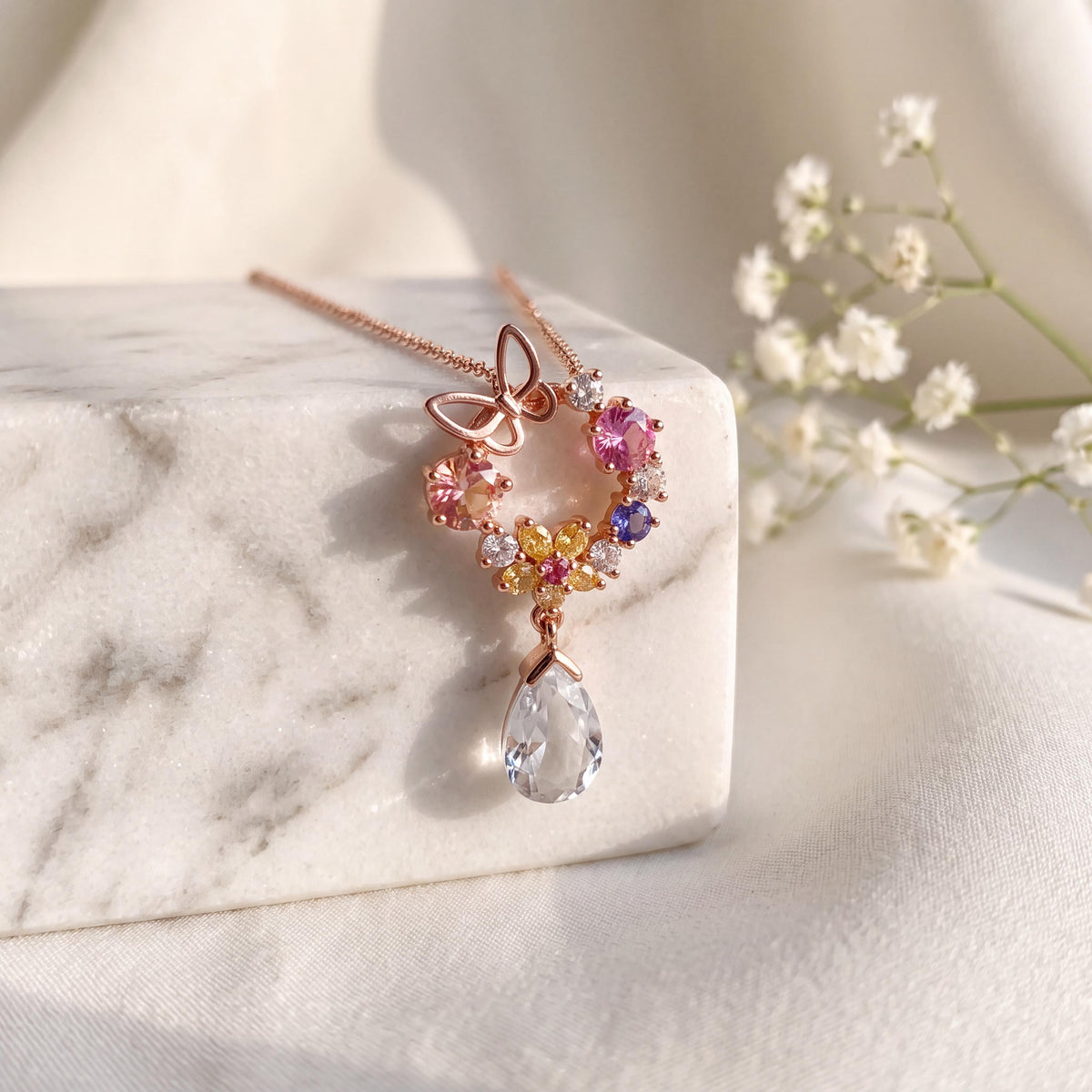 18k Solid Rose Gold Butterfly Wreath Pendant, Multi-Color Sapphire & Diamond, September Birthstone Gift