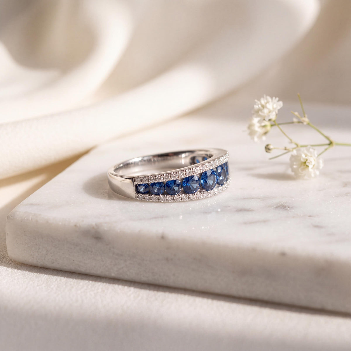 14k Solid White Gold Half Eternity Ring, Round Sapphire & Diamonds, September Birthstone Gift