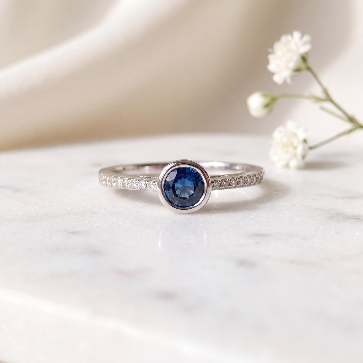 Genuine Sapphire Bezel Ring with Diamond Accents, 14k Solid White Gold, September Birthstone Gift