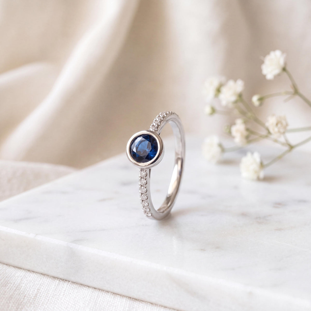 Genuine Sapphire Bezel Ring with Diamond Accents, 14k Solid White Gold, September Birthstone Gift
