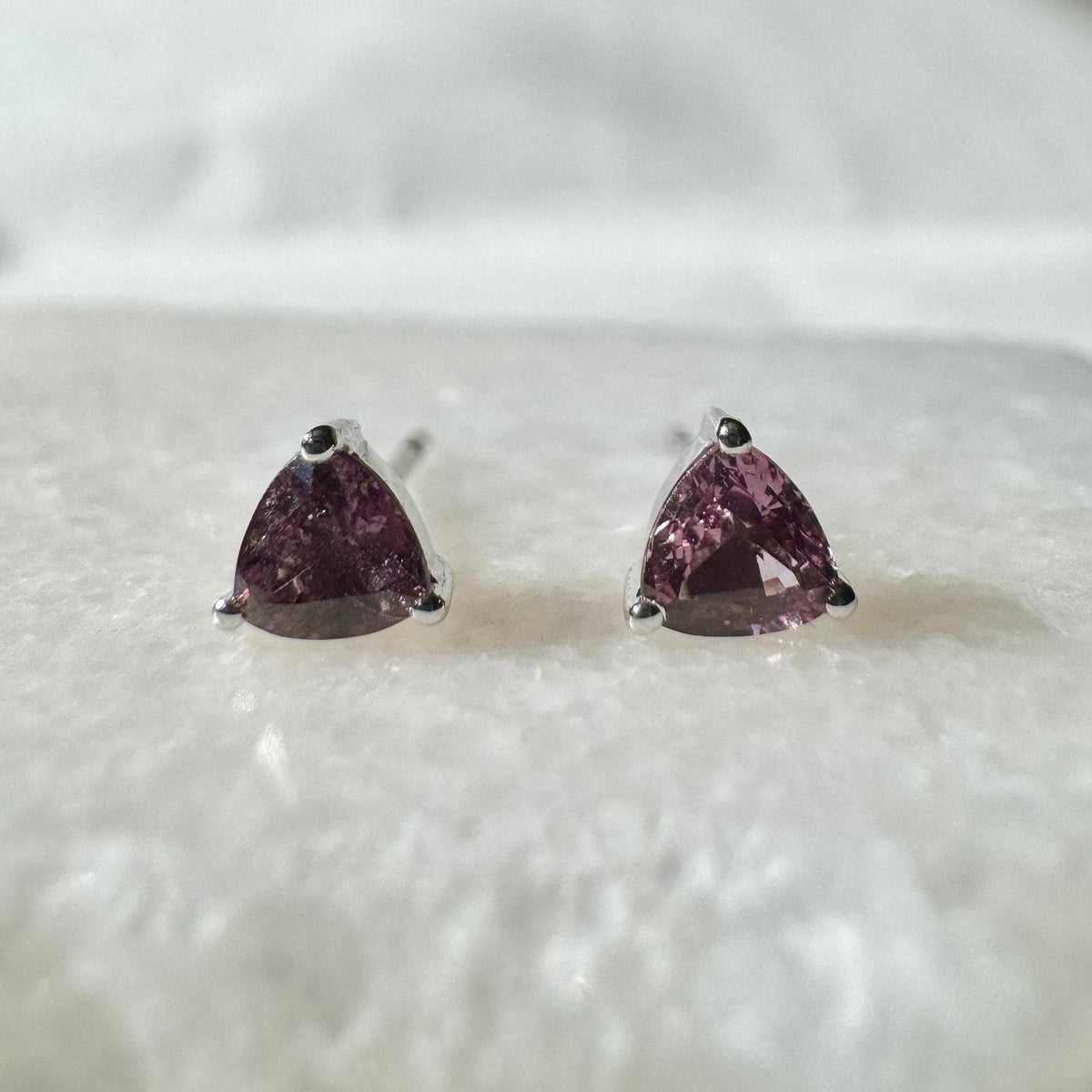 Genuine Pink Sapphire Trillion Cut Stud Earrings, 14k Solid Gold, September Birthstone Gift