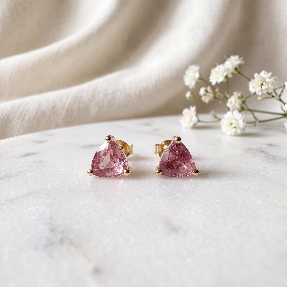 Genuine Pink Sapphire Trillion Cut Stud Earrings, 14k Solid Gold, September Birthstone Gift