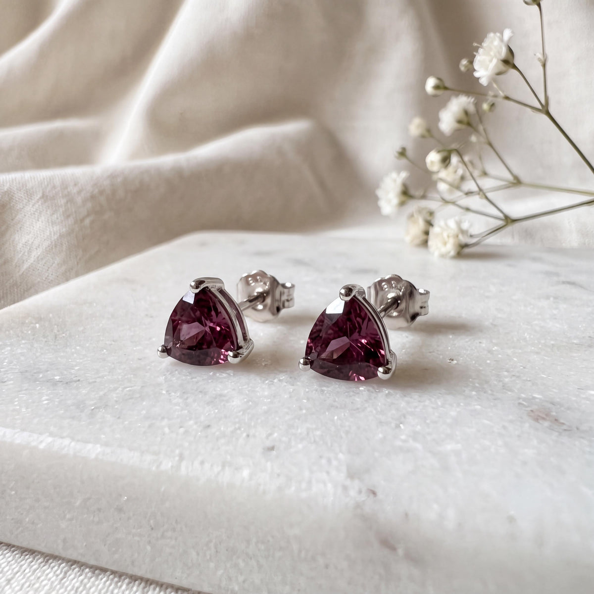 Genuine Pink Sapphire Trillion Cut Stud Earrings, 14k Solid Gold, September Birthstone Gift