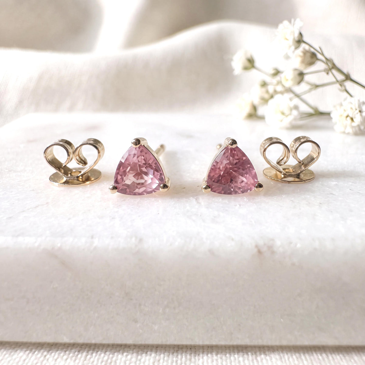 Genuine Pink Sapphire Trillion Cut Stud Earrings, 14k Solid Gold, September Birthstone Gift