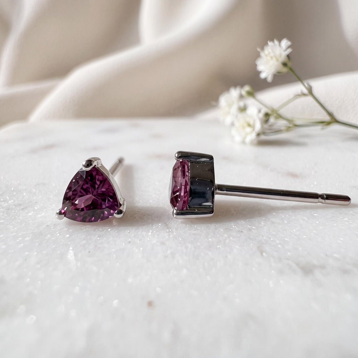 Genuine Pink Sapphire Trillion Cut Stud Earrings, 14k Solid Gold, September Birthstone Gift