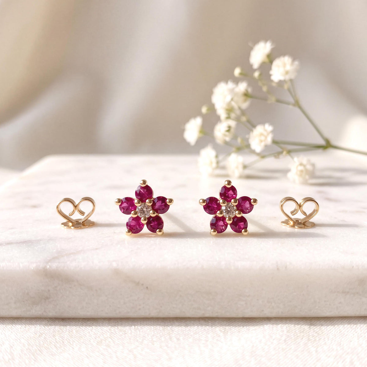 14k Solid Yellow Gold Dark Pink Sapphire Diamond Flower Stud Earrings, September Birthstone Gift