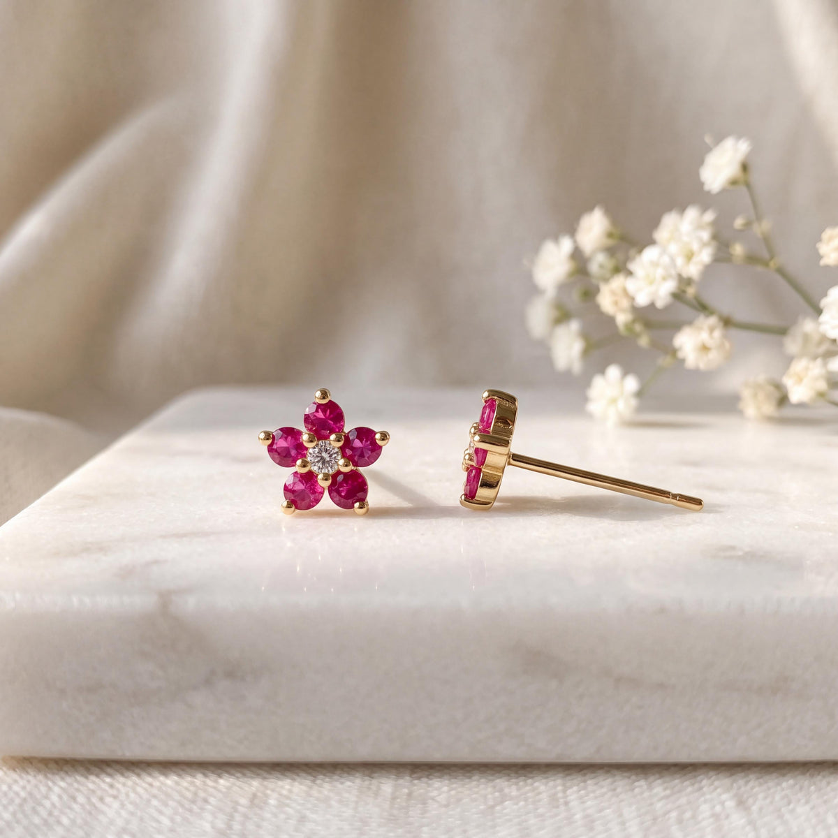 14k Solid Yellow Gold Dark Pink Sapphire Diamond Flower Stud Earrings, September Birthstone Gift
