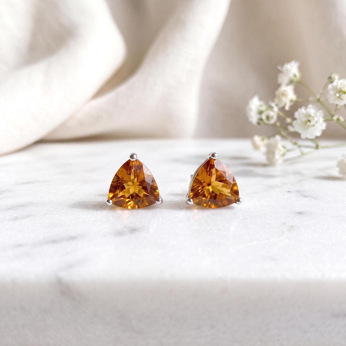 Genuine Citrine Trillion Cut Stud Earrings, 14k White Gold, November Birthstone