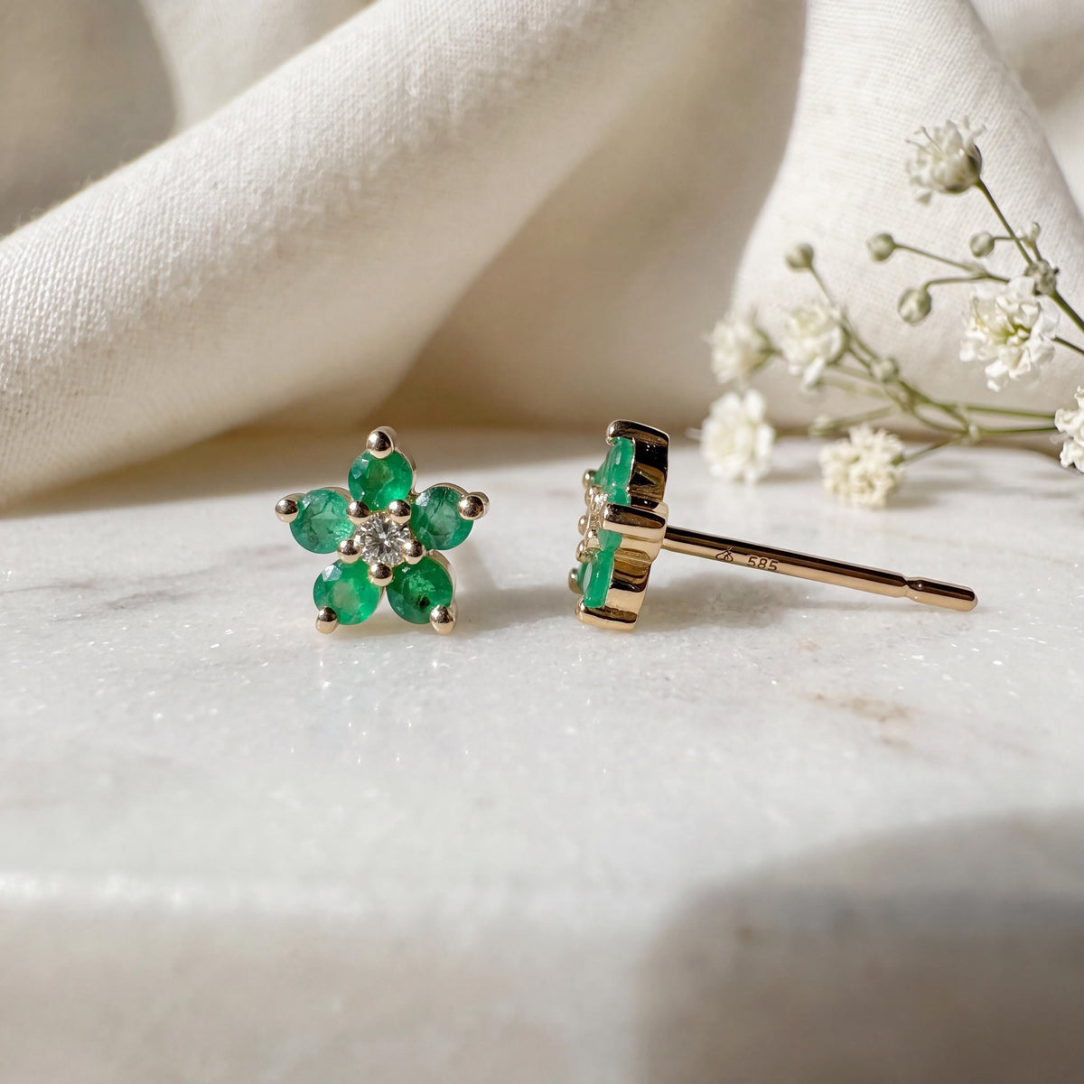 Genuine Emerald and Diamond Flower Stud Earrings / 14k Solid Gold