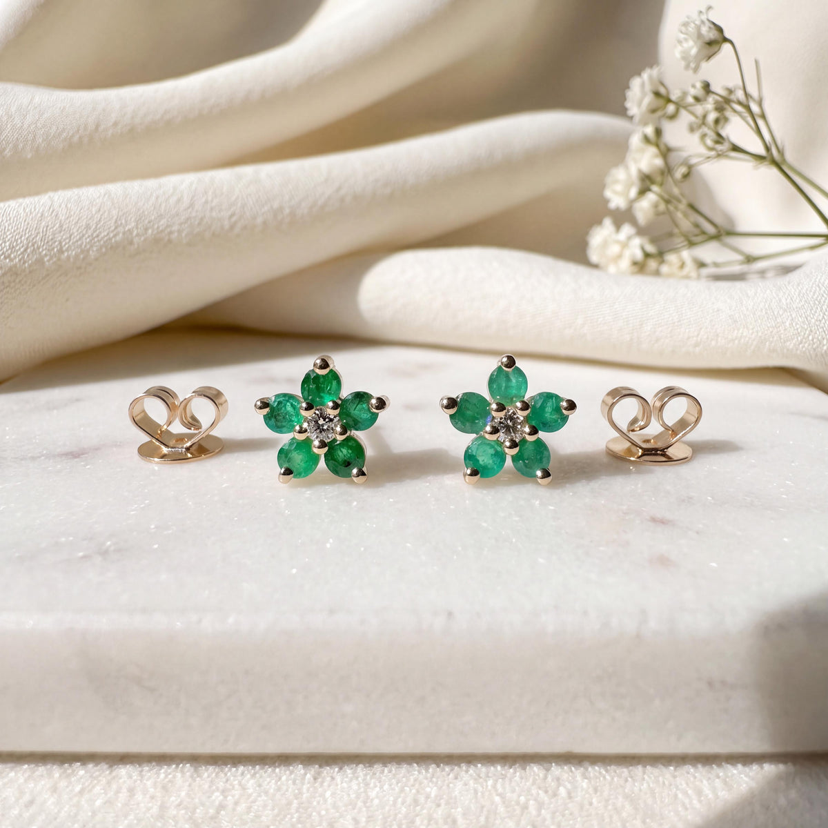 Genuine Emerald and Diamond Flower Stud Earrings / 14k Solid Gold