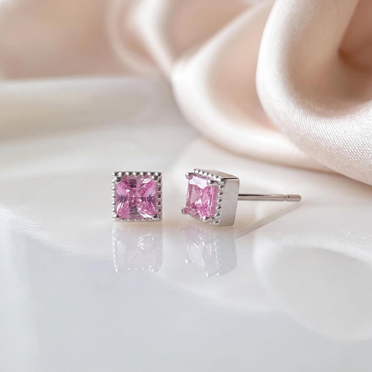 Genuine Pink Sapphire Princess Cut Stud Earrings, 14k Solid Gold, September Birthstone