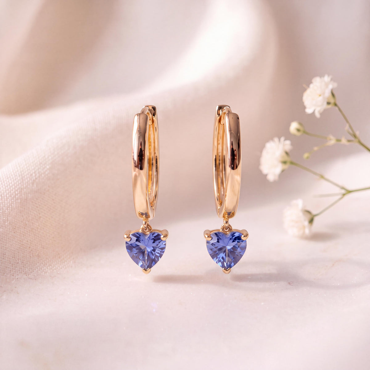 14k Solid Gold Ceylon Sapphire Heart Dangle Hoop Earrings, September Birthstone Gift