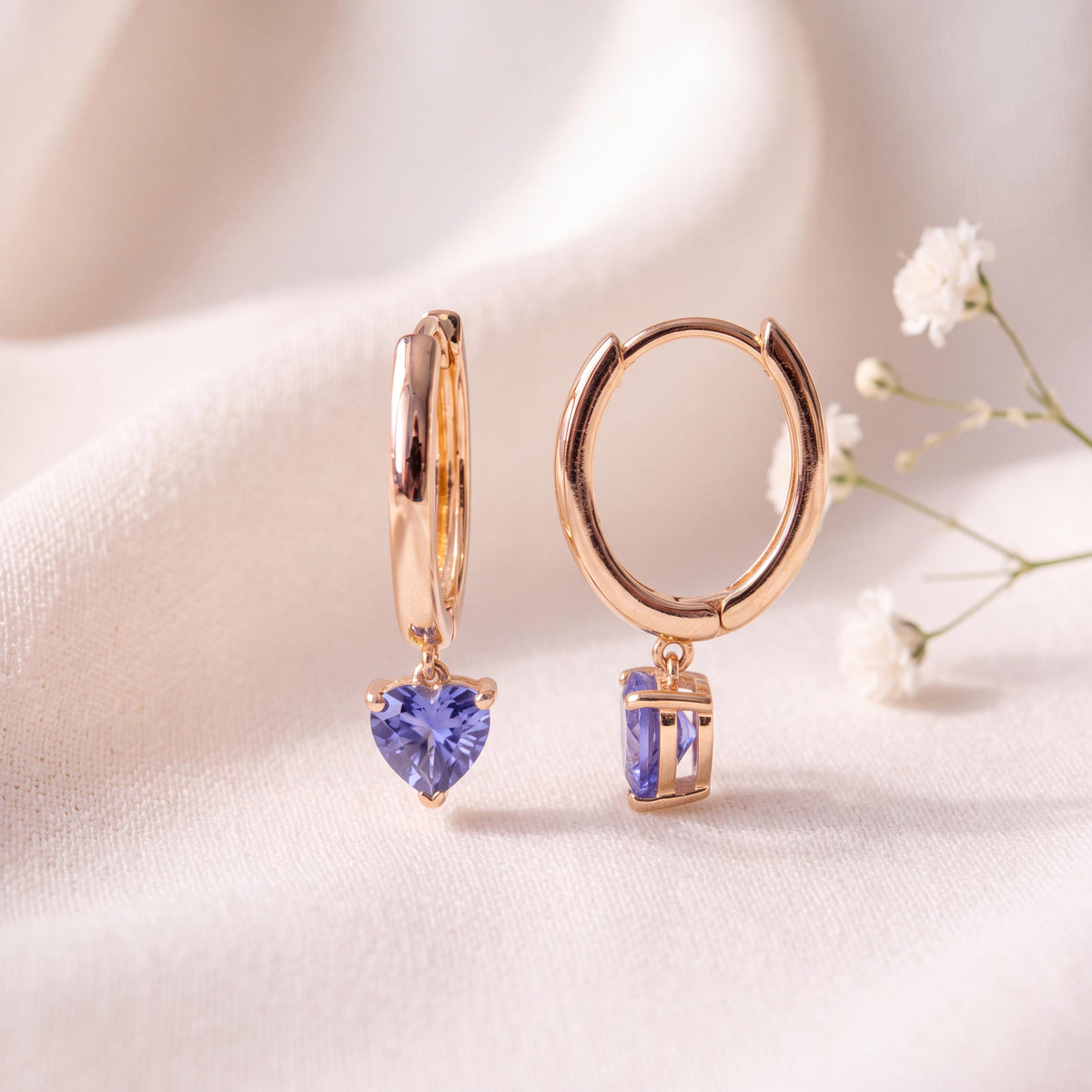 14k Solid Gold Ceylon Sapphire Heart Dangle Hoop Earrings, September Birthstone Gift