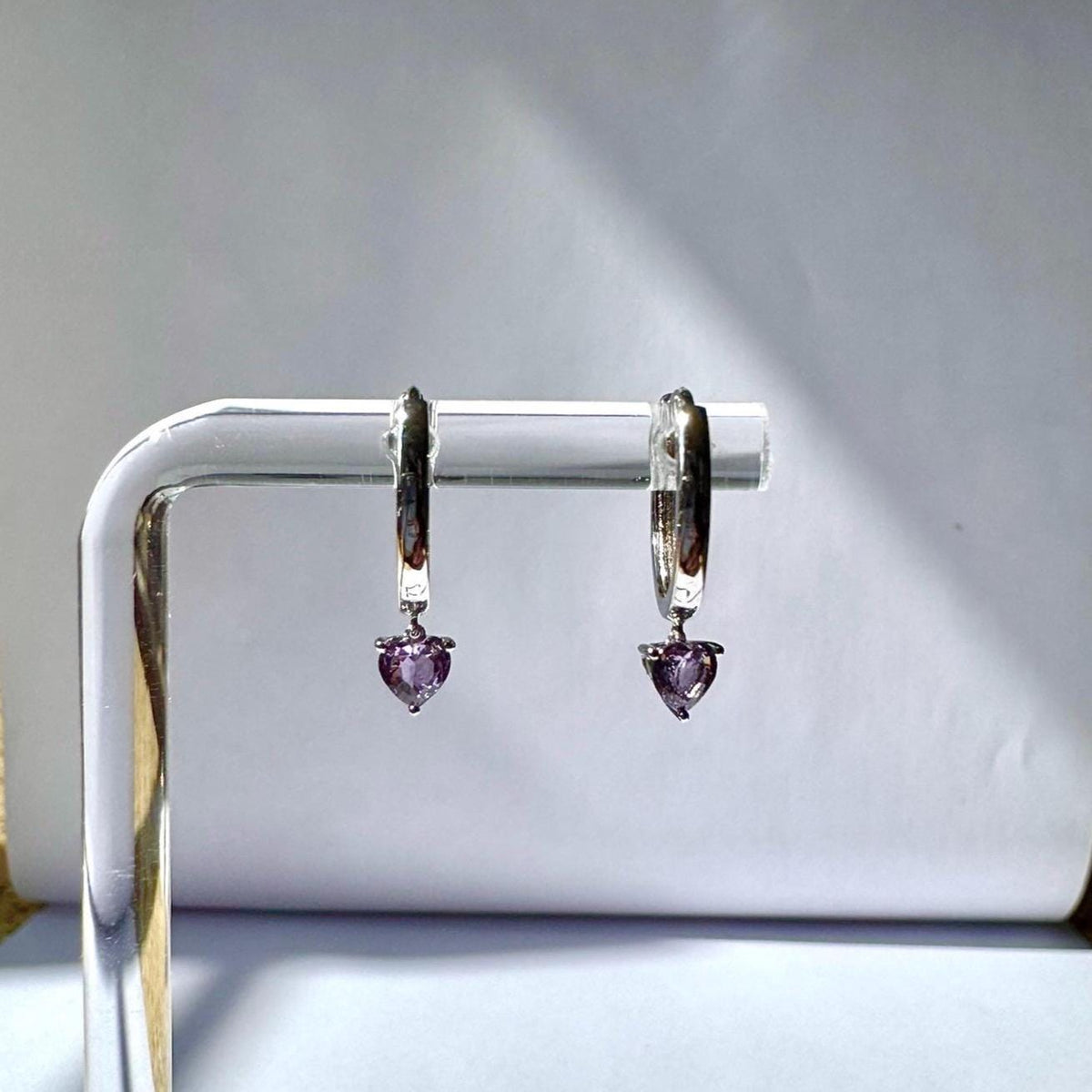 14k Solid Gold Heart Dangle Hoop Earrings, Purple Sapphire, September Birthstone Gift