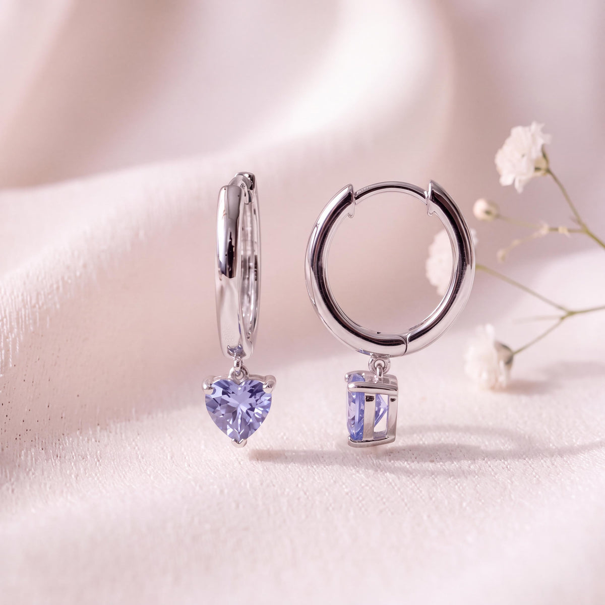 14k Solid Gold Heart Dangle Hoop Earrings, Ceylon Sapphire, September Birthstone Gift