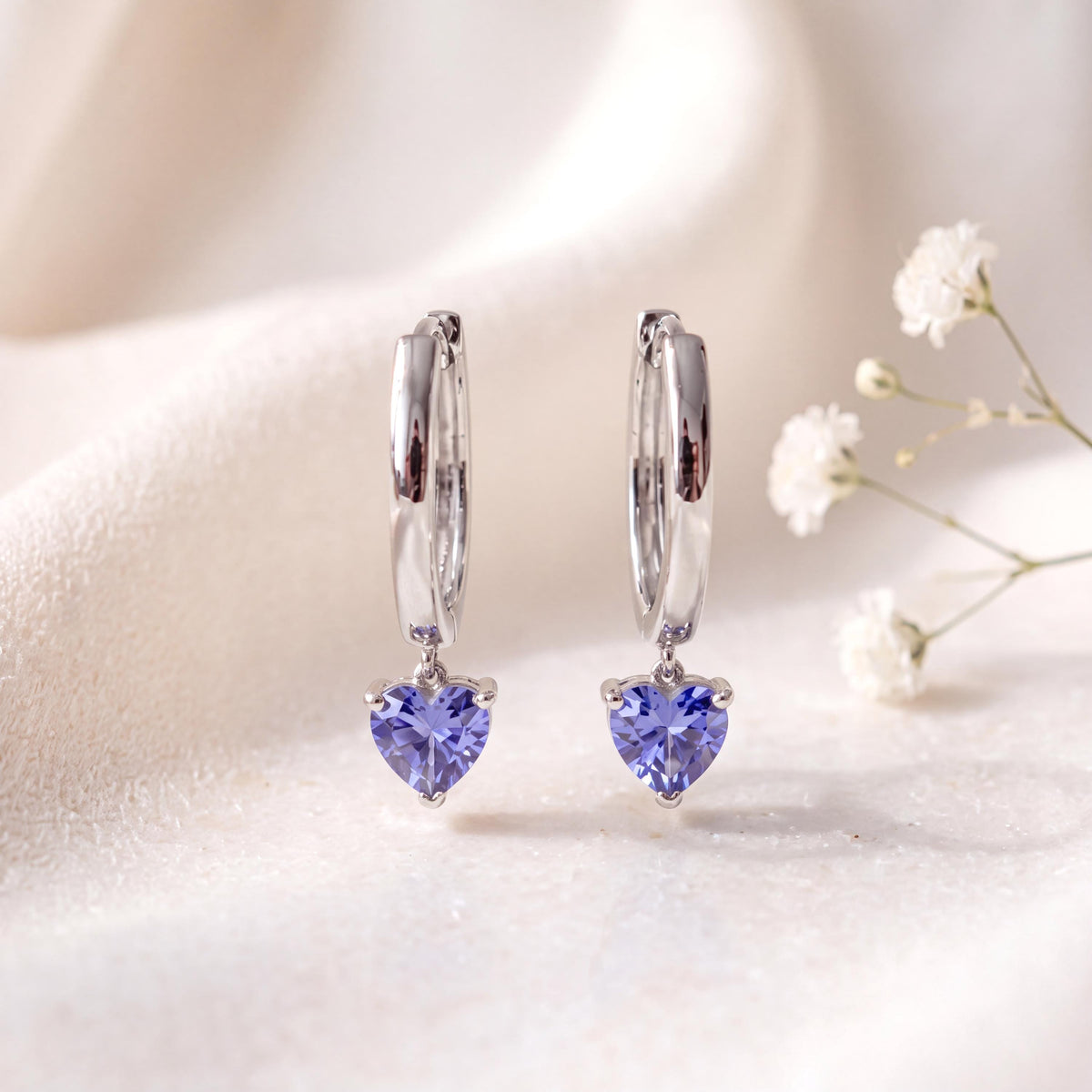 14k Solid Gold Ceylon Sapphire Heart Dangle Hoop Earrings, September Birthstone Gift