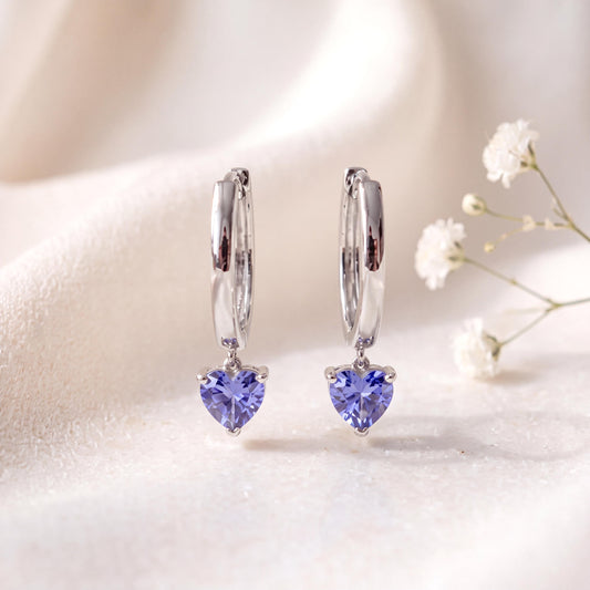 14k Solid Gold Ceylon Sapphire Heart Dangle Hoop Earrings, September Birthstone Gift