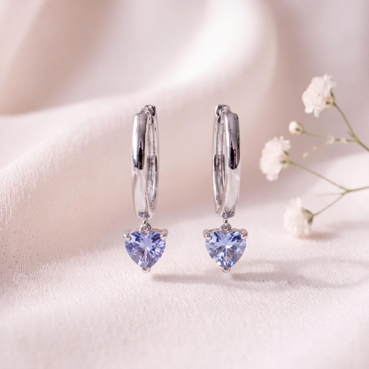 14k Solid Gold Heart Dangle Hoop Earrings, Ceylon Sapphire, September Birthstone Gift