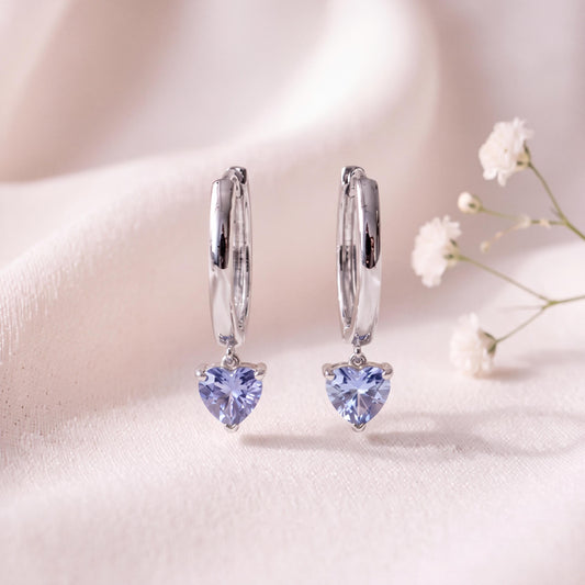 14k Solid Gold Heart Dangle Hoop Earrings, Ceylon Sapphire, September Birthstone Gift