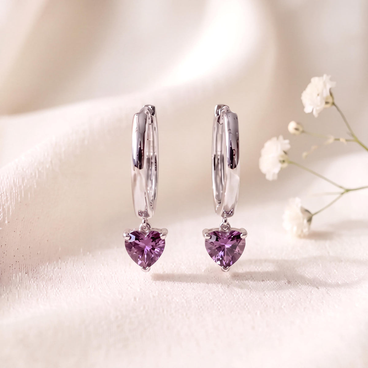 14k Solid Gold Heart Dangle Hoop Earrings, Purple Sapphire, September Birthstone Gift
