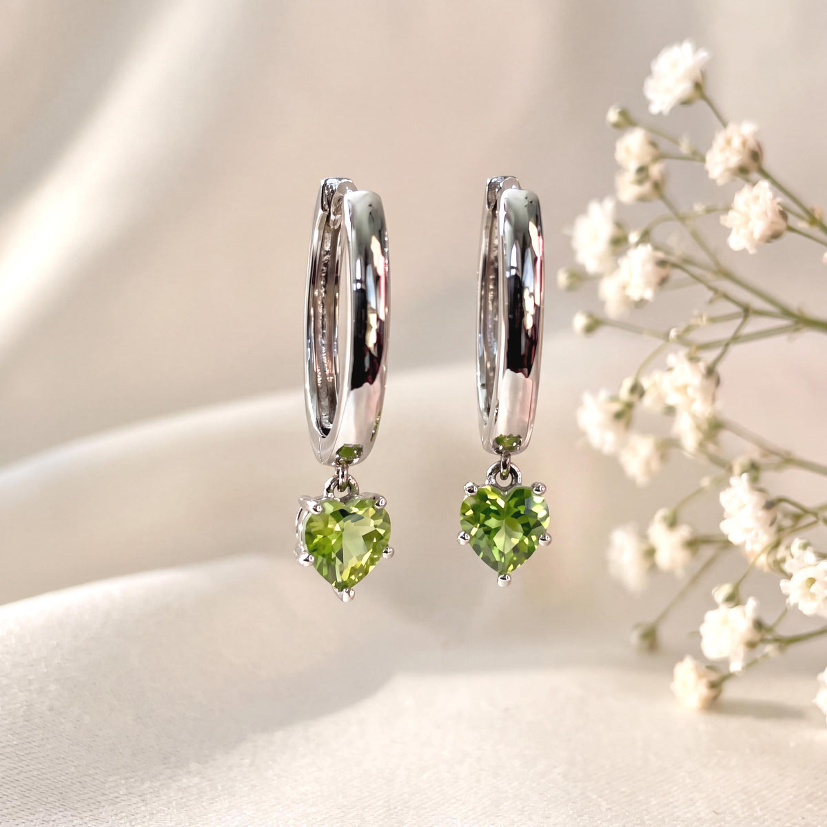 Genuine Peridot Heart Dangle Hoop Earrings, 14k Solid Gold, August Birthstone, Gift for Her