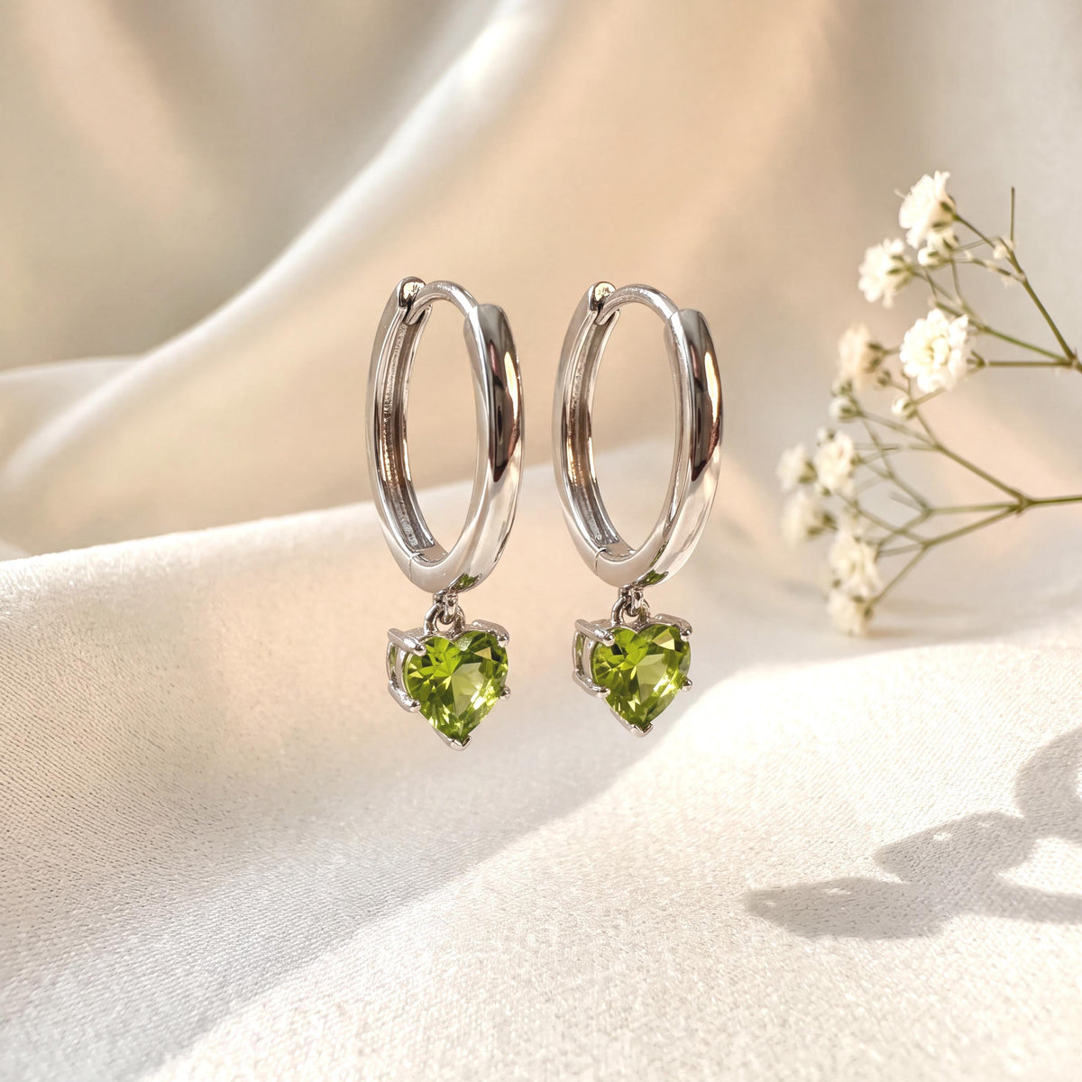 Genuine Peridot Heart Dangle Hoop Earrings, 14k Solid Gold, August Birthstone, Gift for Her