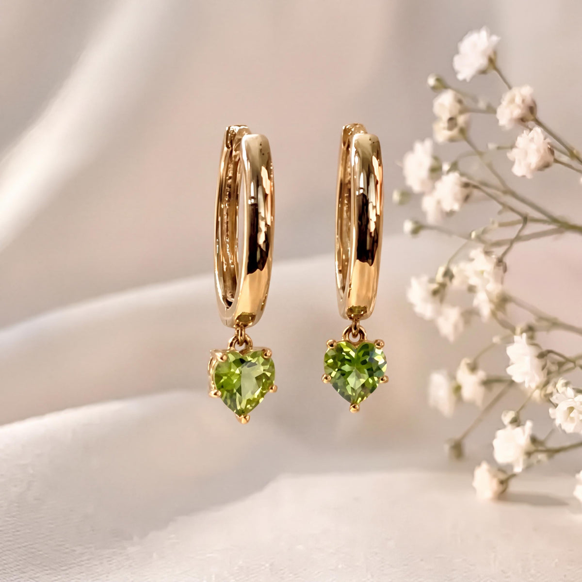 Genuine Peridot Heart Dangle Hoop Earrings, 14k Solid Gold, August Birthstone, Gift for Her