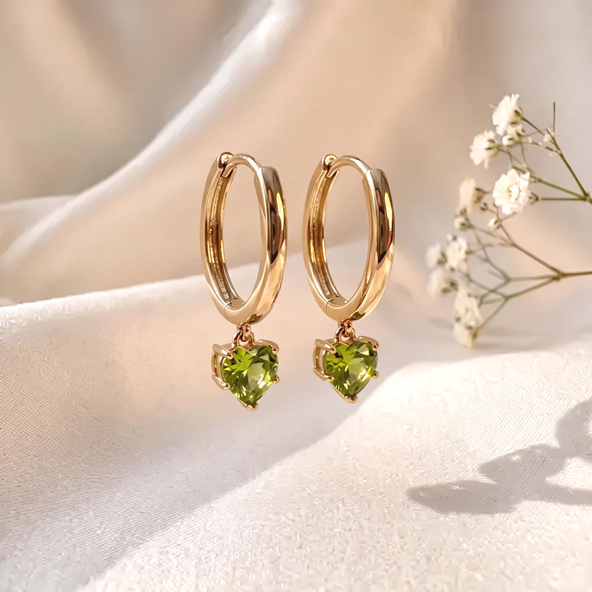 Genuine Peridot Heart Dangle Hoop Earrings, 14k Solid Gold, August Birthstone, Gift for Her