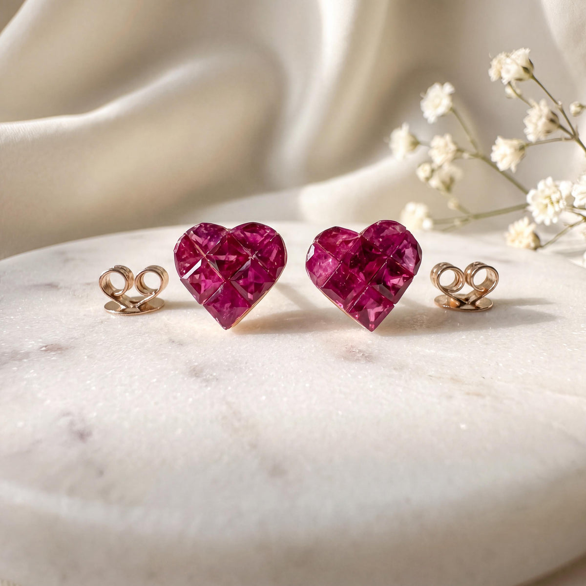 Genuine Ruby Pavé Heart Stud Earrings, 18k Yellow Gold, July Birthstone, Gift for Her