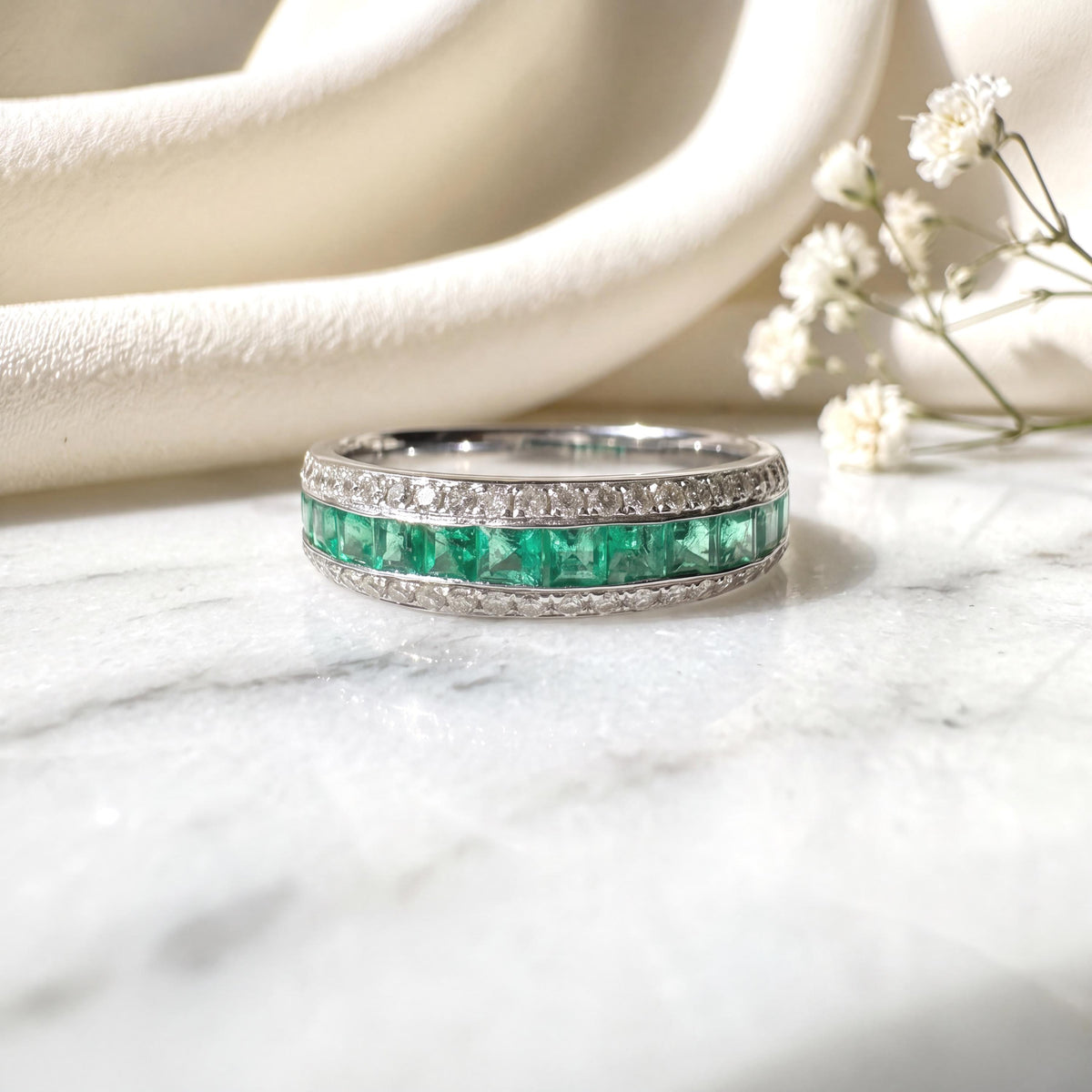 Genuine Emerald and Diamond Half Eternity Ring, Princess Cut, 14k Solid White Gold, May Birthstone