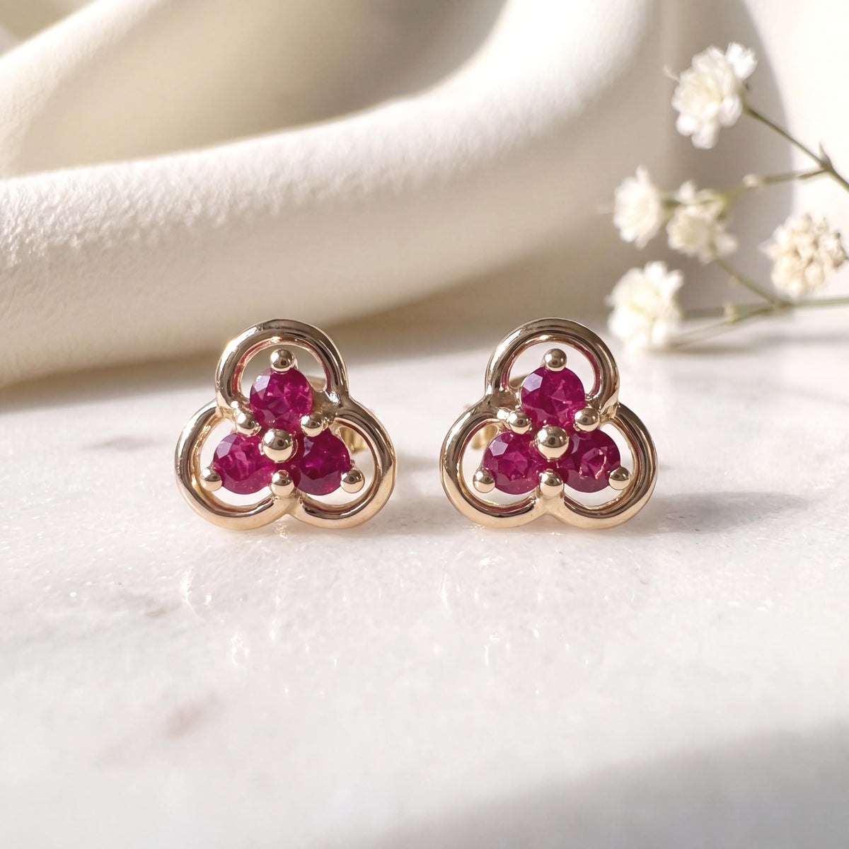 Genuine Ruby Trio Studs / 14k Solid Gold