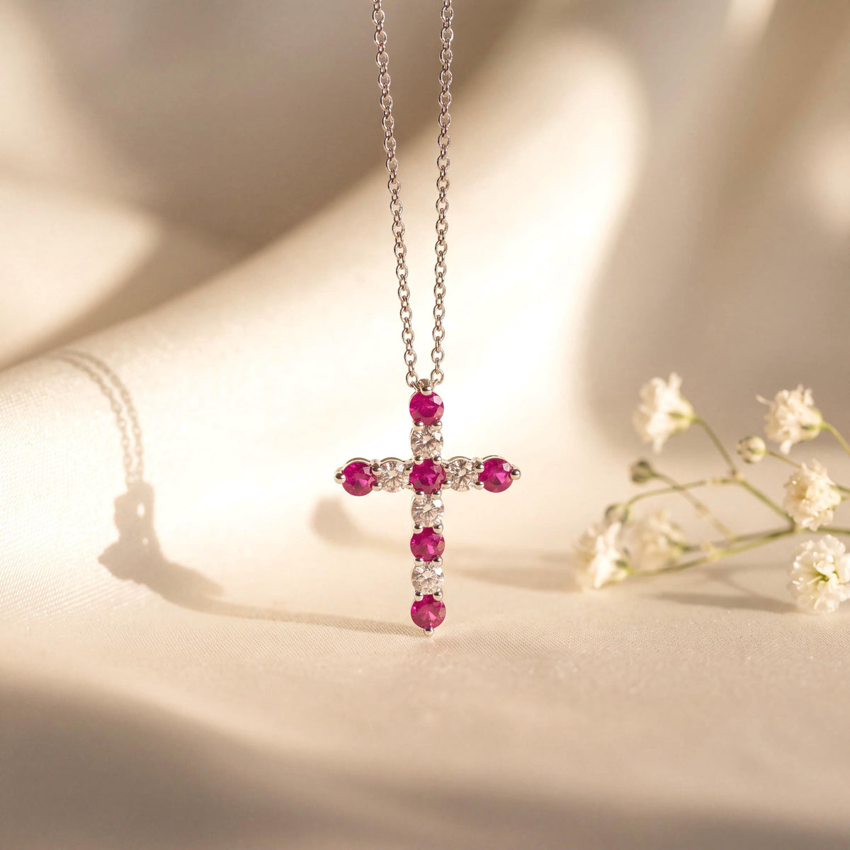 Genuine Ruby and Diamond Cross Pendant in 14k Solid Gold