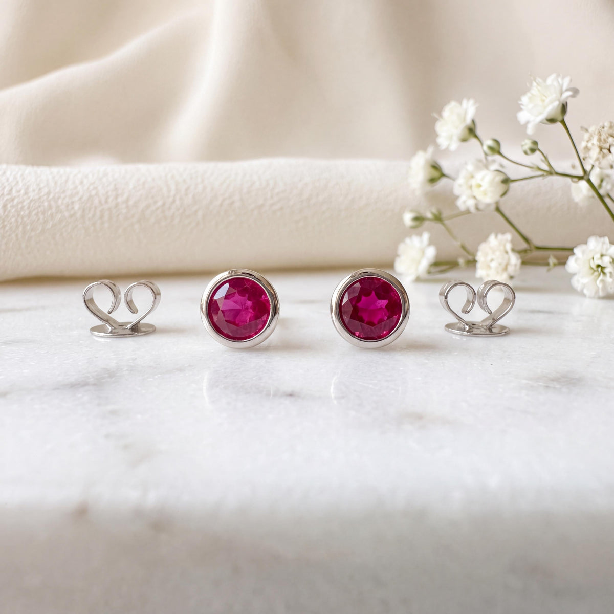 14k Solid Gold Ruby Bezel Stud Earrings, 4.5mm Round, July Birthstone