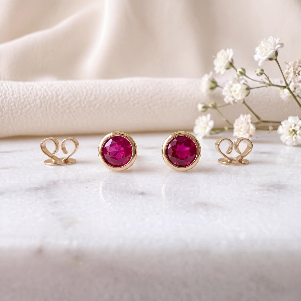 14k Solid Gold Ruby Bezel Stud Earrings, 4.5mm Round, July Birthstone