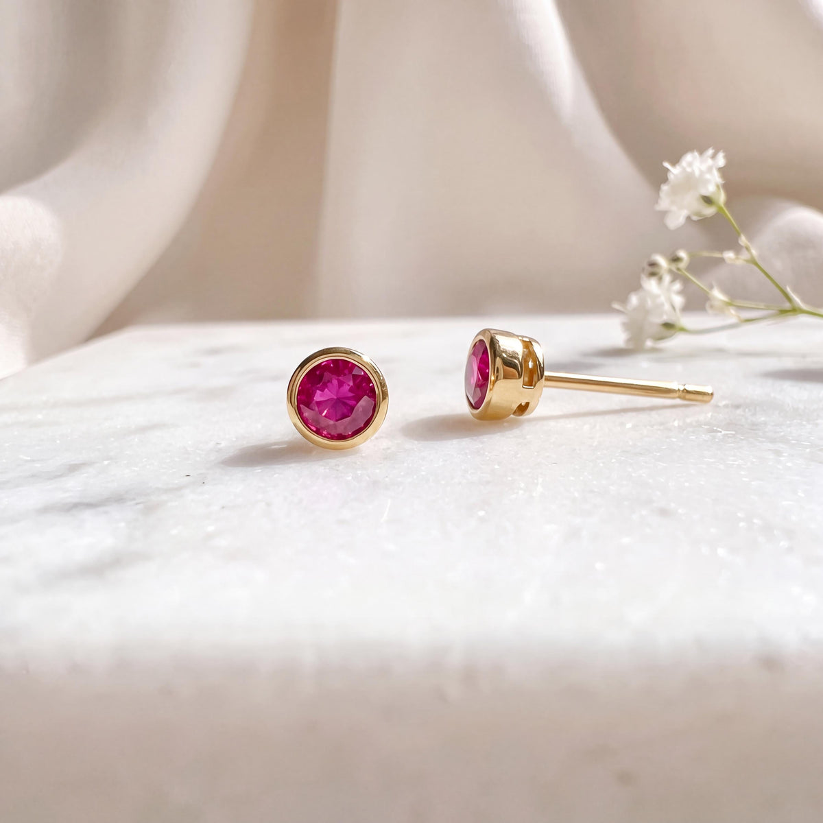 14k Solid Gold Ruby Bezel Stud Earrings, 4.5mm Round, July Birthstone