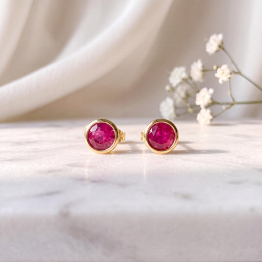 14k Solid Gold Ruby Bezel Stud Earrings, 4.5mm Round, July Birthstone