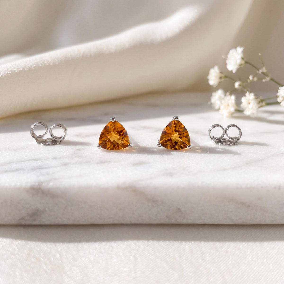 Genuine Citrine Trillion Cut Stud Earrings, 14k White Gold, November Birthstone