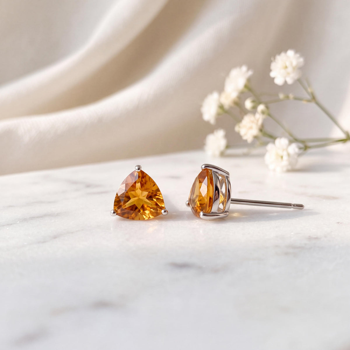 Genuine Citrine Trillion Cut Stud Earrings, 14k White Gold, November Birthstone